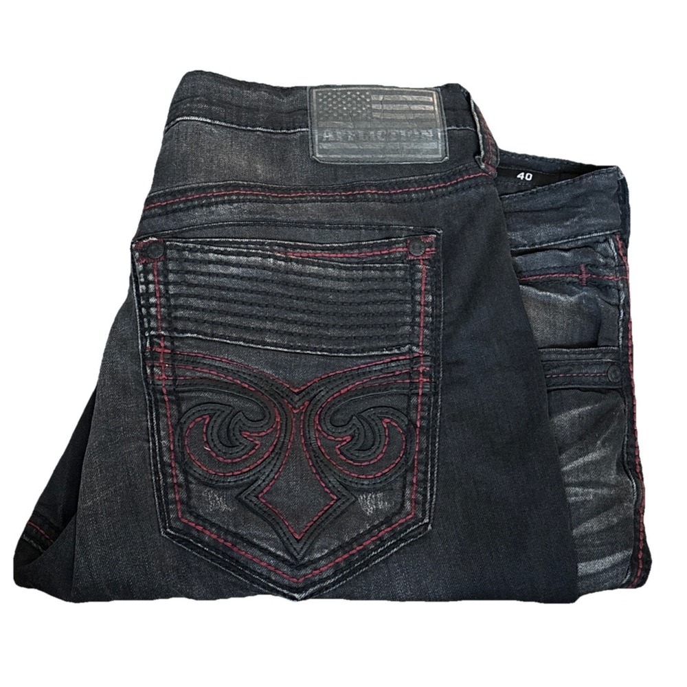 Affliction Black Premium Mens Jeans 40 Straight Red Stitch Embroidered Moto Dark